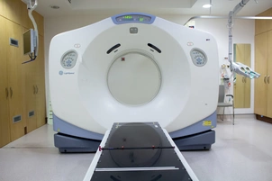 An image of a large machine, the CT scanner, in place at The London Clinic. Facing the entry of the scanner 